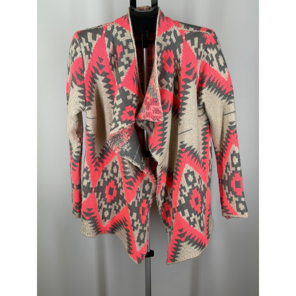Renee C Women Neon Pink Grey Geometric Southwestern Open Front Cardigan M/L